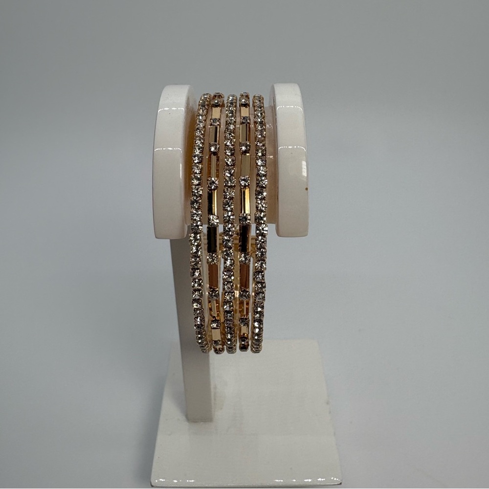 5 Row Clear And Gold Crystal Cuff Bangle Wedding Bridal Pageant Party Bracelet